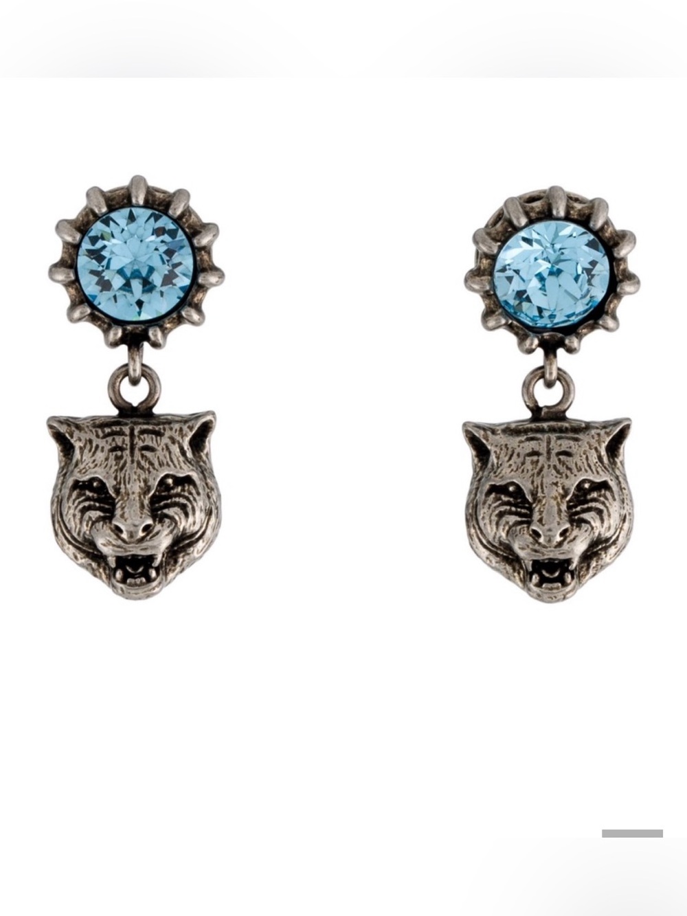 NEW Gucci Crystal Feline Head Drop Earrings Blue Cat
